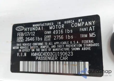 2012 Hyundai Genesis 3.8 from USA, damaged, VIN KMHGC4DD3CU190623